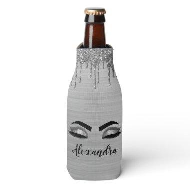Silver Glitter Sparkle Eyelashes Monogram Name Bottle Cooler