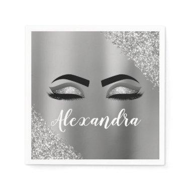 Silver Glitter Sparkle Eyelashes Monogram Name Napkins