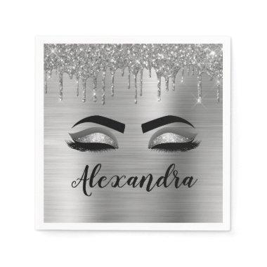 Silver Glitter Sparkle Eyelashes Monogram Name Napkins