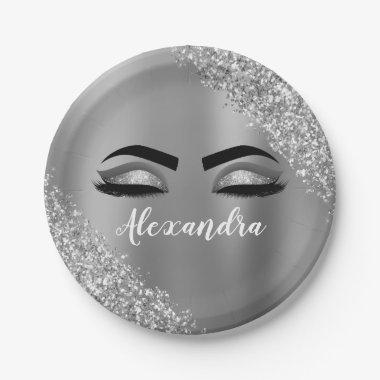 Silver Glitter Sparkle Eyelashes Monogram Name Paper Plates