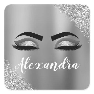 Silver Glitter Sparkle Eyelashes Monogram Name Square Sticker
