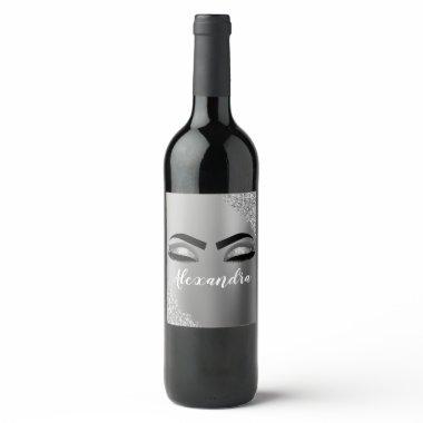 Silver Glitter Sparkle Eyelashes Monogram Name Wine Label