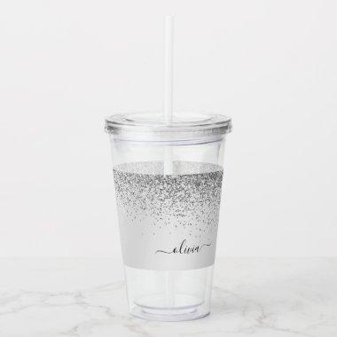 Silver Glitter Sparkle Glam Metal Monogram Name Acrylic Tumbler