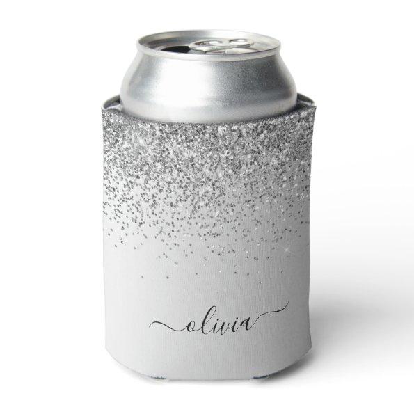 Silver Glitter Sparkle Glam Metal Monogram Name Can Cooler