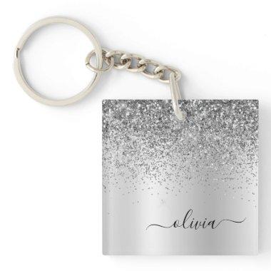 Silver Glitter Sparkle Glam Metal Monogram Name Keychain