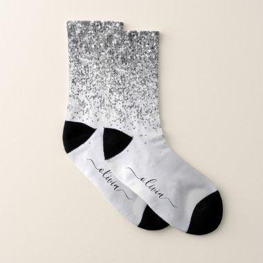 Silver Glitter Sparkle Glam Metal Monogram Name Socks