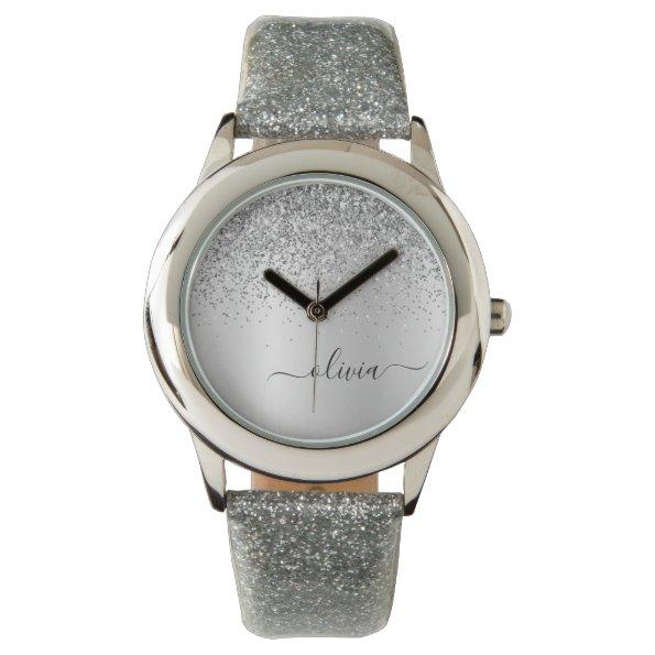 Silver Glitter Sparkle Glam Metal Monogram Name Watch