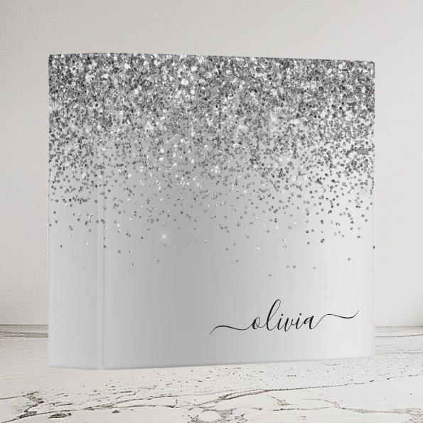 Silver Glitter Sparkle Metal Monogram Name 3 Ring Binder