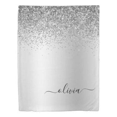 Silver Glitter Sparkle Metal Monogram Name Duvet Cover