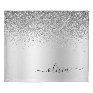 Silver Glitter Sparkle Metal Monogram Name Duvet Cover