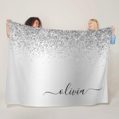 Silver Glitter Sparkle Metal Monogram Name Fleece Blanket