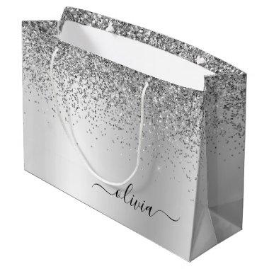 Silver Glitter Sparkle Metal Monogram Name Large Gift Bag