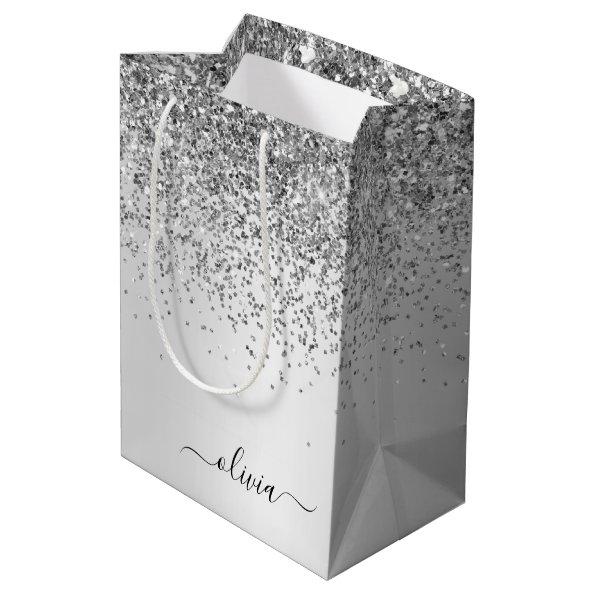 Silver Glitter Sparkle Metal Monogram Name Medium Gift Bag