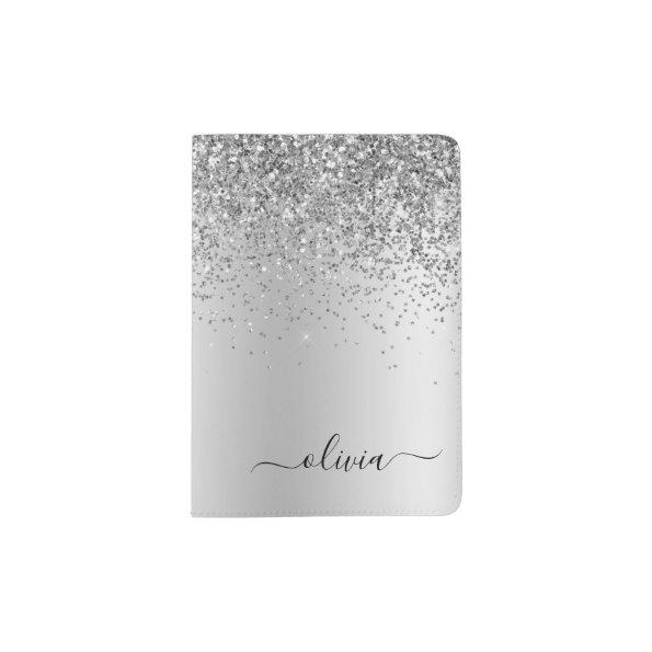 Silver Glitter Sparkle Metal Monogram Name Passport Holder