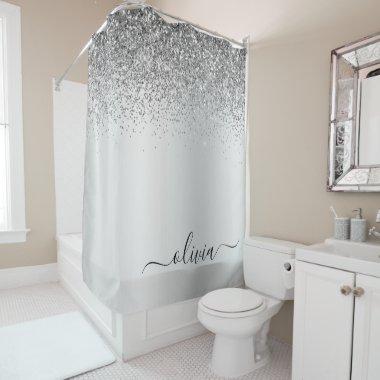 Silver Glitter Sparkle Metal Monogram Name Shower Curtain