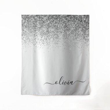 Silver Glitter Sparkle Metal Monogram Name Tapestry