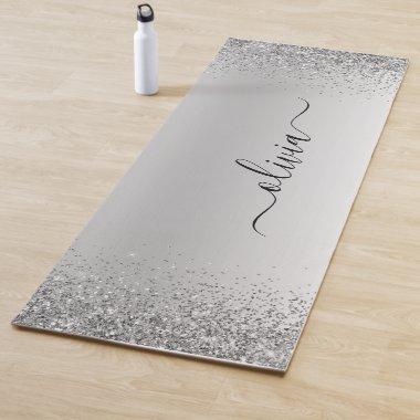 Silver Glitter Sparkle Metal Monogram Name Yoga Mat