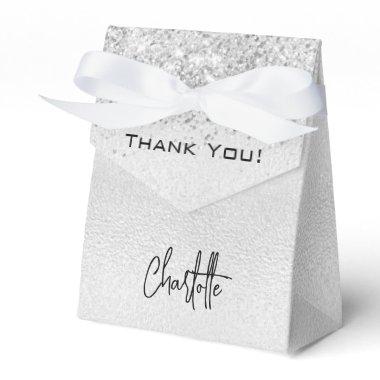 Silver glitter sparkles name script thank you favor boxes