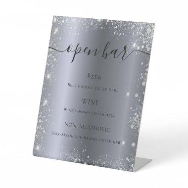 Silver glitter sparkles script bar menu pedestal sign