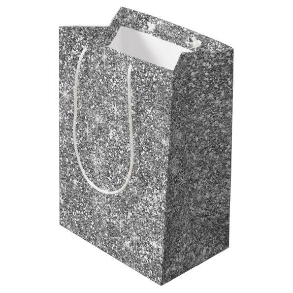 Silver Glitter Stars Classy Medium Party Gift Bag