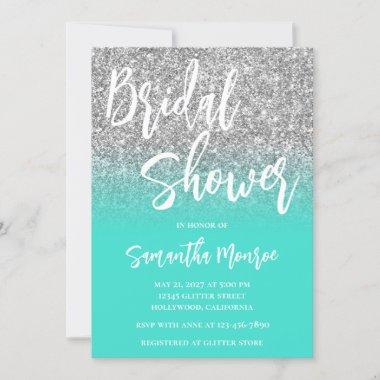 Silver Glitter Turquoise QR Code Bridal Shower Invitations