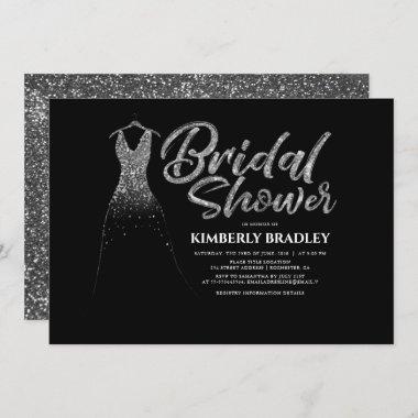 Silver Glitter Wedding Dress Black Bridal Shower Invitations