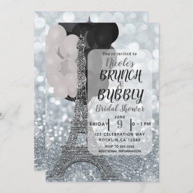 Silver Glitter White Black Balloons Eiffel Tower Invitations