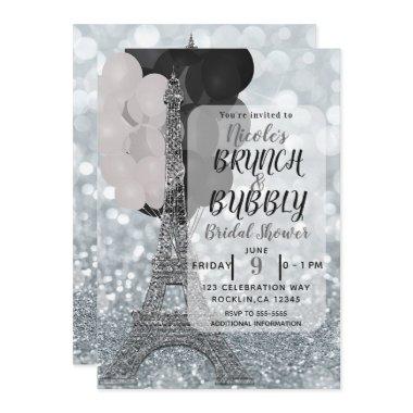 Silver Glitter White Black Balloons Eiffel Tower Invitations