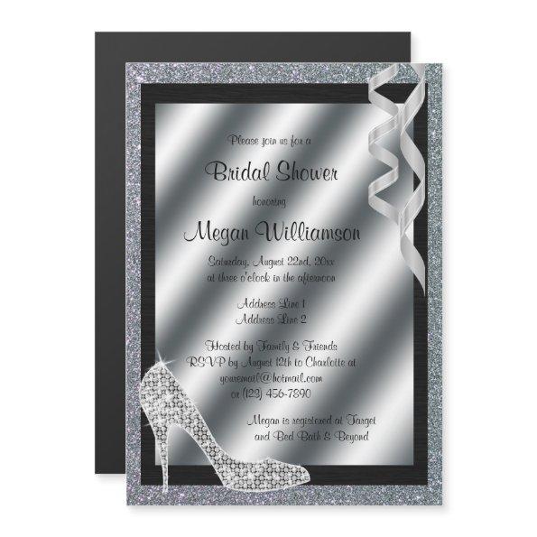 Silver Glittery Stiletto & Streamers Bridal Shower Magnetic Invitations