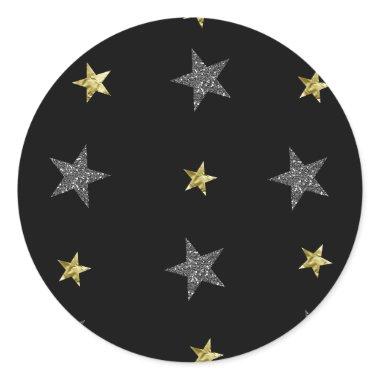 Silver & Gold Stars Black Hollywood Star Party Classic Round Sticker