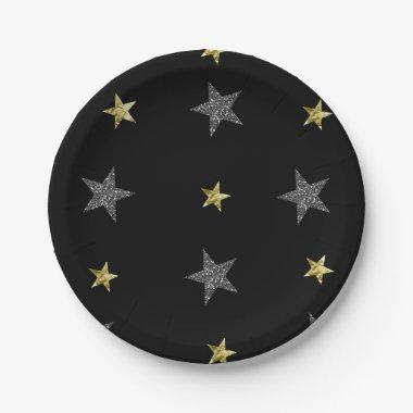 Silver & Gold Stars Black Hollywood Star Party Paper Plates