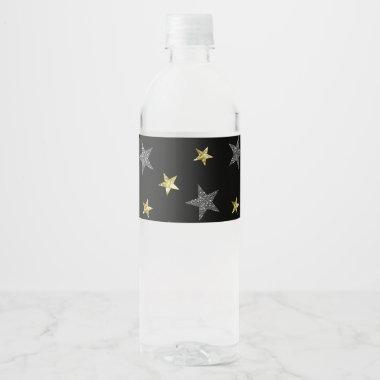 Silver & Gold Stars Black Hollywood Star Party Water Bottle Label
