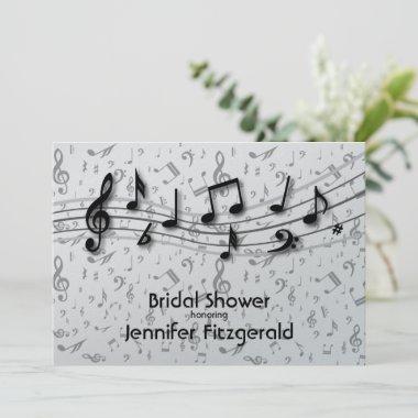 Silver Gray and black music Notes Bridal Shower Invitations