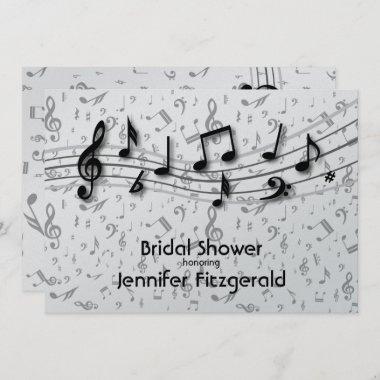 Silver Gray and black music Notes Bridal Shower Invitations