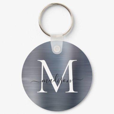 Silver Gray Brushed Metal Girly Script Monogram Keychain