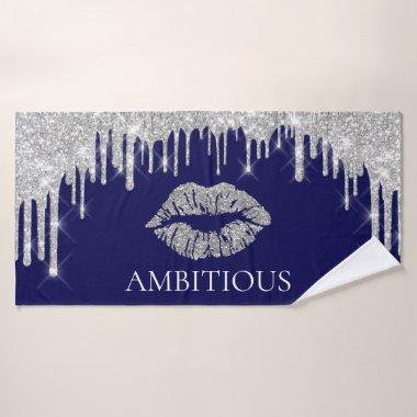 Silver Gray Drips Kiss Lips Name AMBITIOUS Bath Towel