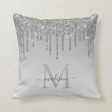 Silver Gray Glitter Drips Glam Monogram Script Throw Pillow