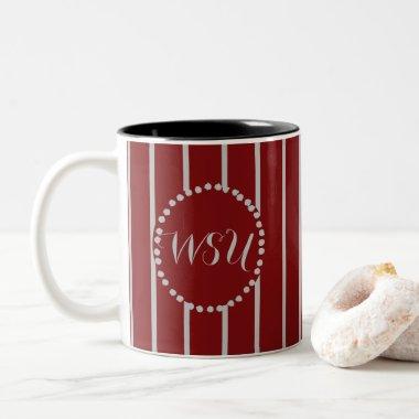 Silver-Gray Stripes Monogram Coffee Mug-Crimson Two-Tone Coffee Mug
