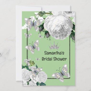 Silver green white elegant roses bridal shower Invitations