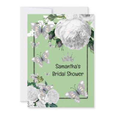 Silver green white elegant roses bridal shower Invitations