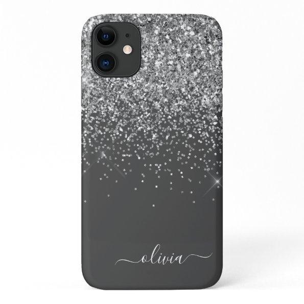 Silver Grey Girly Glitter Sparkle Monogram Name iPhone 11 Case