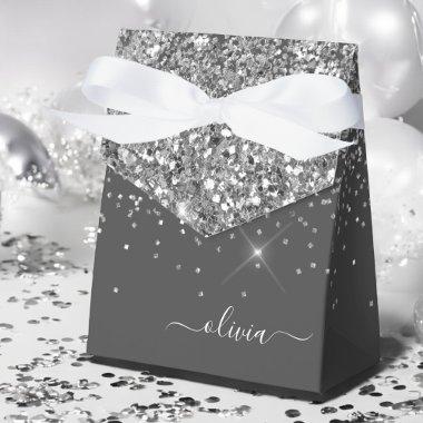 Silver Grey Girly Glitter Sparkle Monogram Name Favor Boxes
