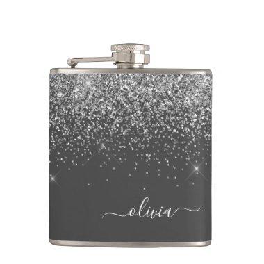 Silver Grey Girly Glitter Sparkle Monogram Name Flask