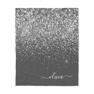 Silver Grey Girly Glitter Sparkle Monogram Name Fleece Blanket