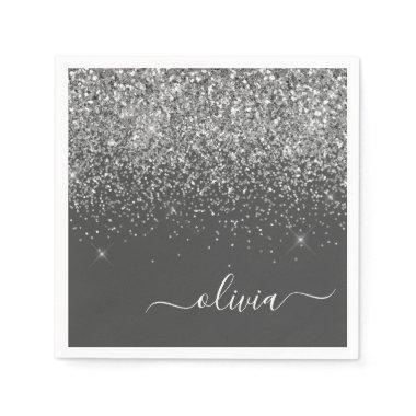 Silver Grey Girly Glitter Sparkle Monogram Name Napkins
