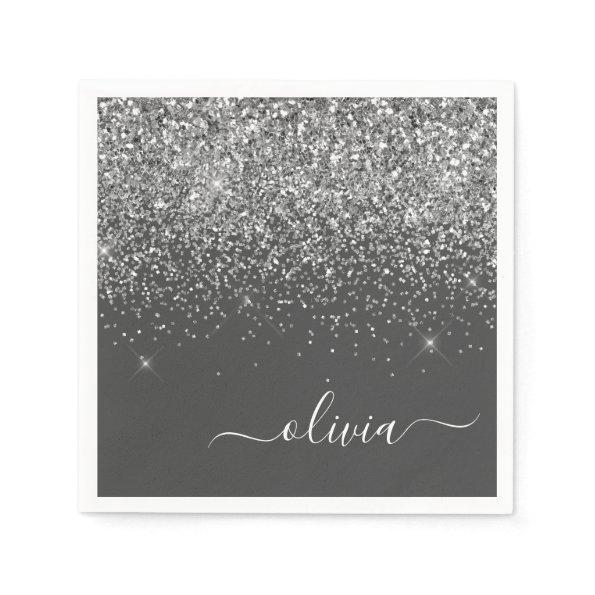 Silver Grey Girly Glitter Sparkle Monogram Name Napkins