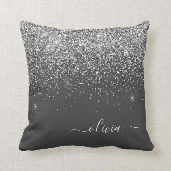 Silver Grey Girly Glitter Sparkle Monogram Name Throw Pillow