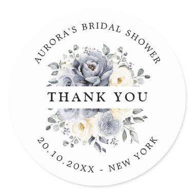 Silver Grey Ivory Floral Bridal Shower Thank you Classic Round Sticker