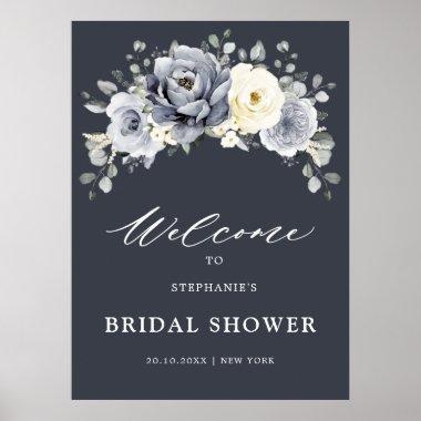 Silver Grey Ivory Floral Bridal Shower Welcome Po Poster