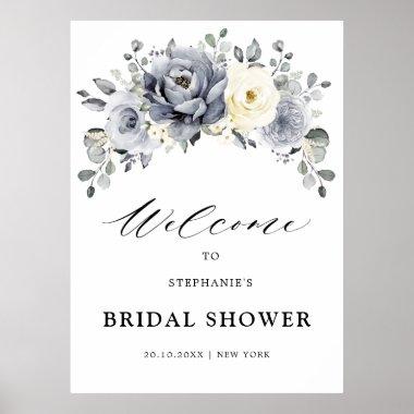 Silver Grey Ivory Floral Bridal Shower Welcome Poster